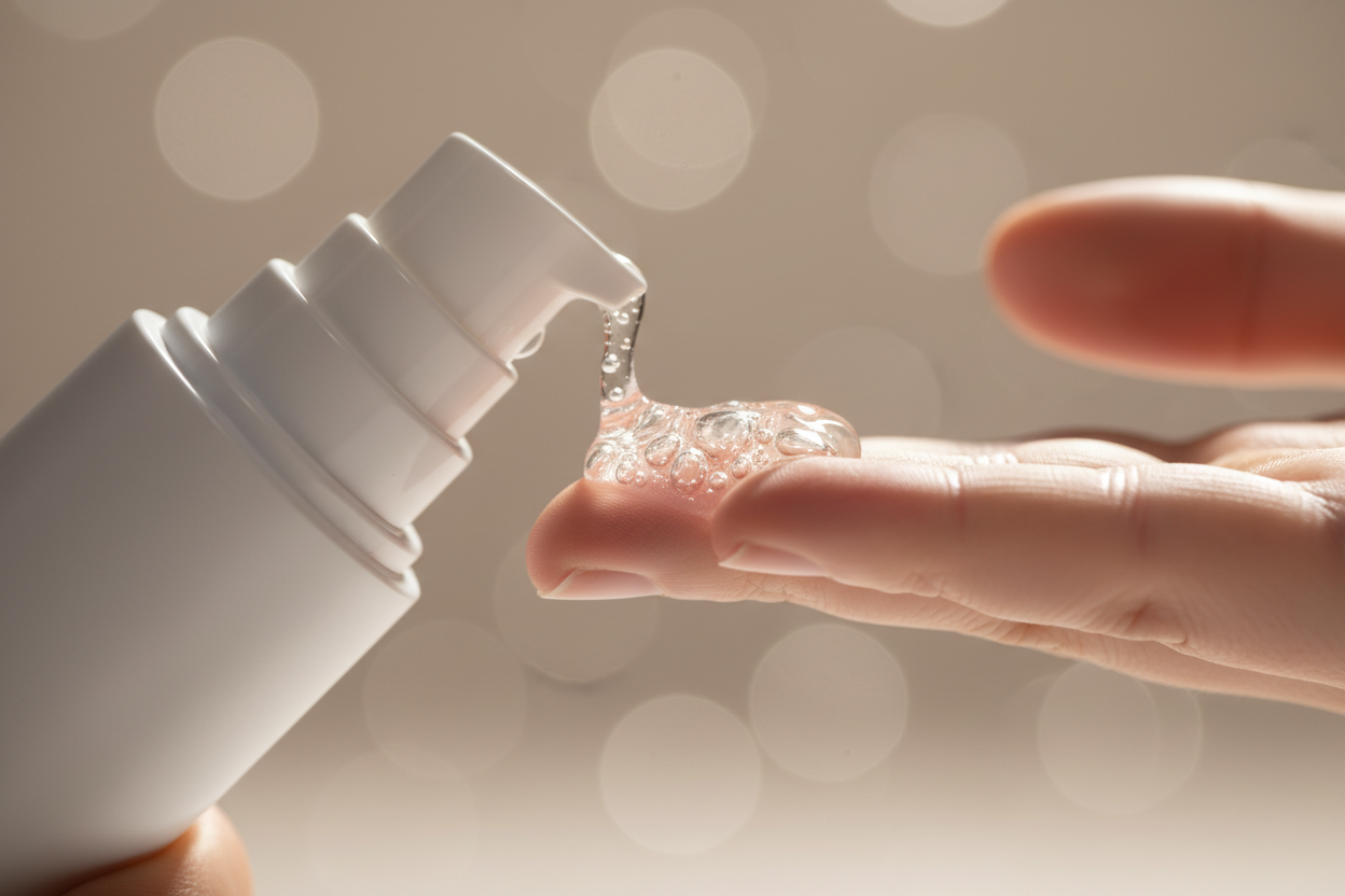 Makro shot and side view of a gel-like transparent bubbly serum being applied onto the finger tips of 1 hand from a matt white airless cylindrical pump dispenser, light taupe lifestyle studio background, cinematic, elegant, no text visible, no brand visible