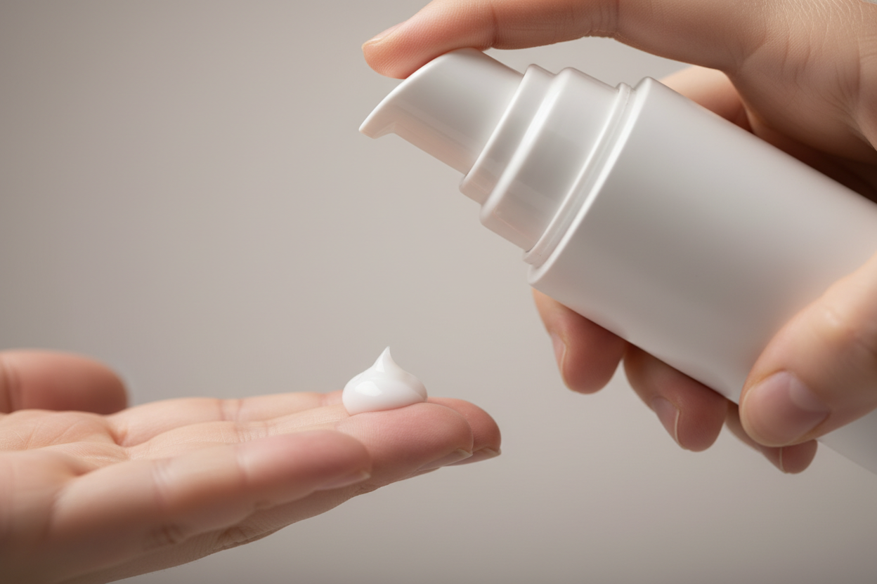 Makro shot and side view of a small portion of white day cream being applied onto the finger tips of 1 hand from a matt white airless cylindrical pump dispenser, dispenser is inclined upwards down, light taupe lifestyle studio background, cinematic, smooth shadows and lights, elegant, luxurious, no text visible, no brand visible