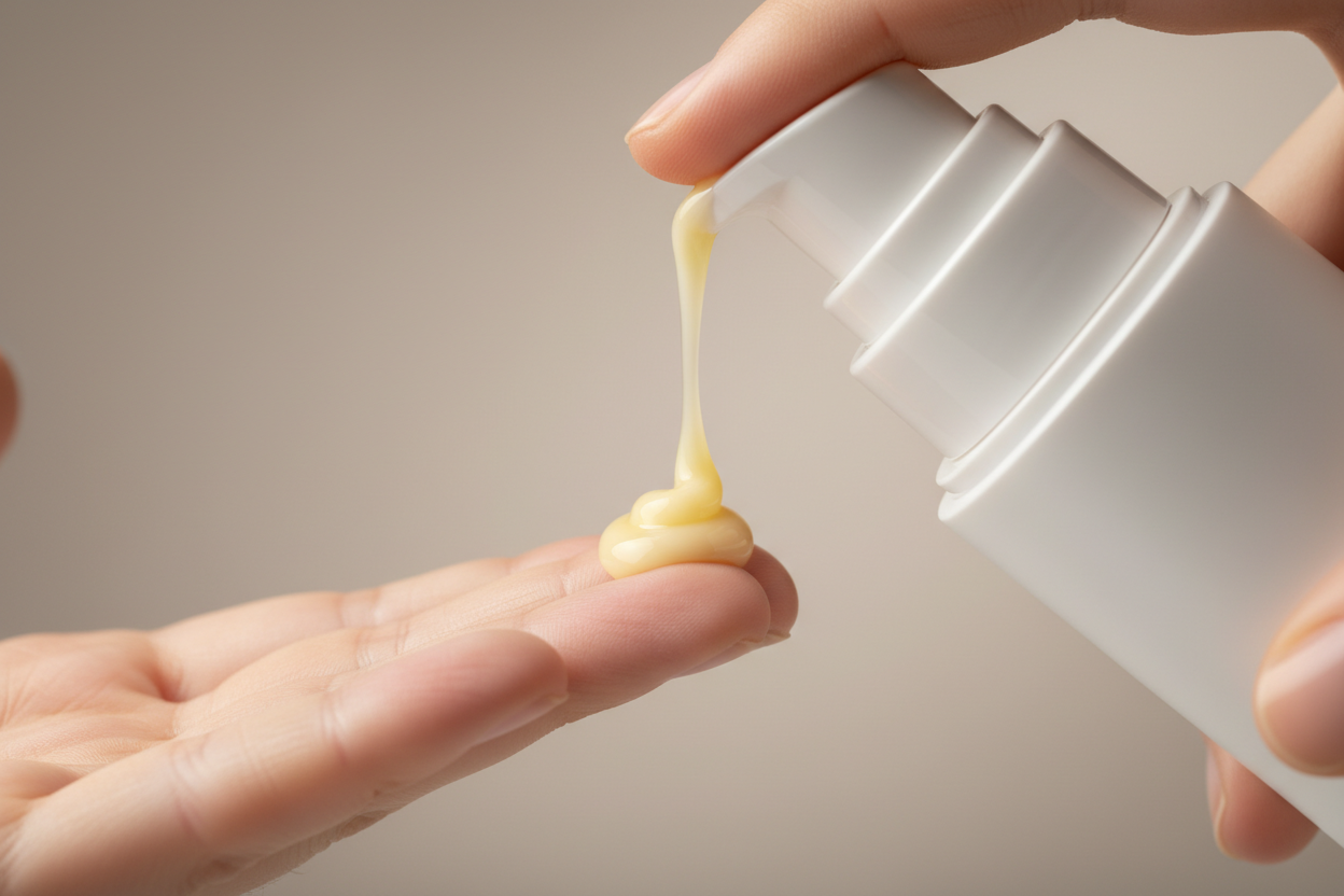 Makro shot and side view of a small portion of thick yellow milky retinol serum being applied onto the finger tips of 1 hand from a matt white airless cylindrical pump dispenser, light taupe lifestyle studio background, cinematic, smooth shadows and lights, elegant, luxurious, no text visible, no brand visible